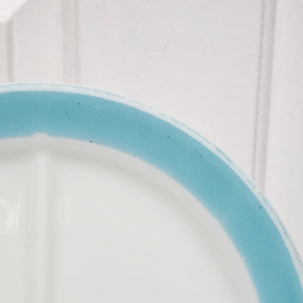 Vintage Corning Milk Glass Divided Grill Plates Turquoise Blue Rim Set of 3 9.5